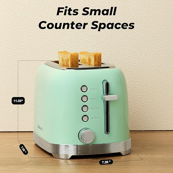 Toaster 2 Slice Retro Stainless Steel with 1.5” Extra Wide Slots Bagel Defrost Reheat Cancel Functions 6 Bread Shade Settings Removable Crumb Tray Aqua Green