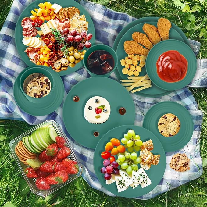 Wrova 40Pack plates and bowls sets for kids - Unbreakable wheat straw dinnerware sets service for 8 - Alternative plastic 40pcs dish sets for kitchen camping and indoors dinning - (Green)