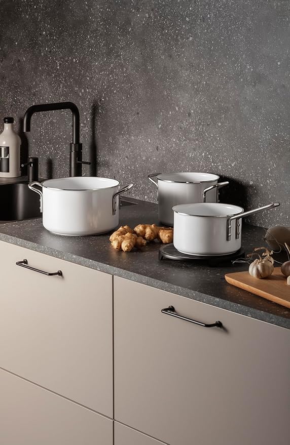 Eva Trio | White Line Pot Set 3 Pieces 1.8 L 2.5 L 3.8 L Ceramic Slip-Let® Non-Stick Coating A Pot Set That Covers Every Need for Daily Cooking | White