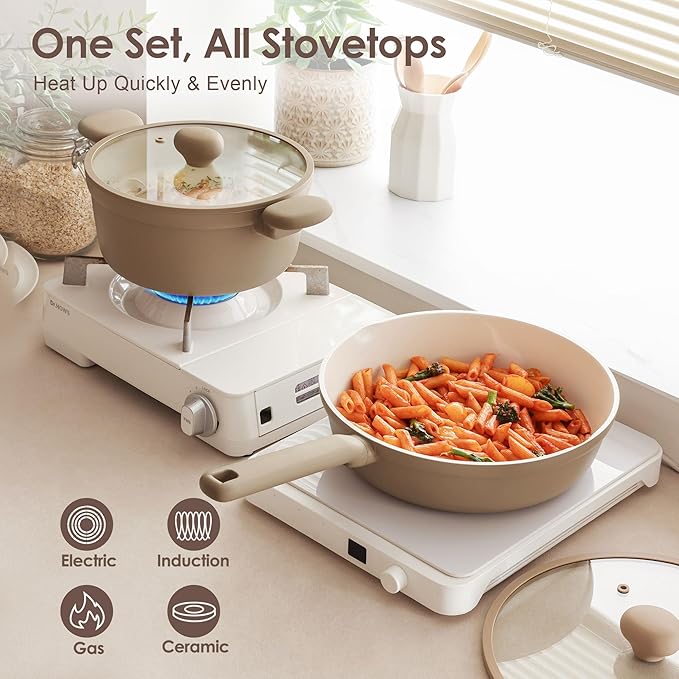 SENSARTE Ceramic Nonstick Pots and Pans Set 17pcs Healthy Induction Cookware Set Nontoxic Kitchen Cooking Set with Skillets &amp Saucepans Stay-cool Handles PFAS PTFE PFOA PFOS FreeTaupe