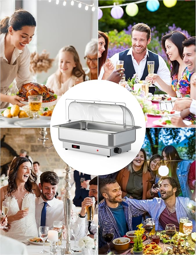 Electric Buffet Chafing Dish Warmer Set – 2-Pack 9QT Stainless Steel with Roll Top Lid – Adjustable Temperature Control – Full-Size Food Pans – NSF Commercial Catering Equipment for Parties