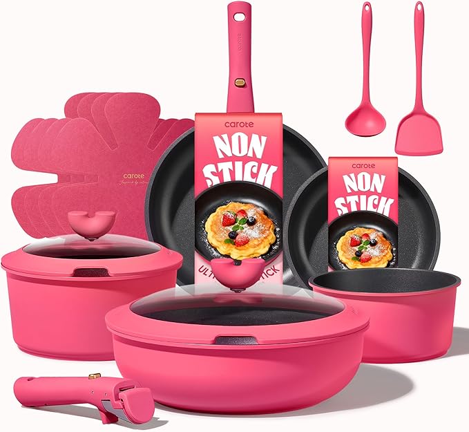 CAROTE 15pcs Pots and Pans Set Non Stick Cookware Set Non Toxic with Detachable Handle Induction Kitchen Cooking Set Dishwasher/Oven Safe RV/Camping Cookware