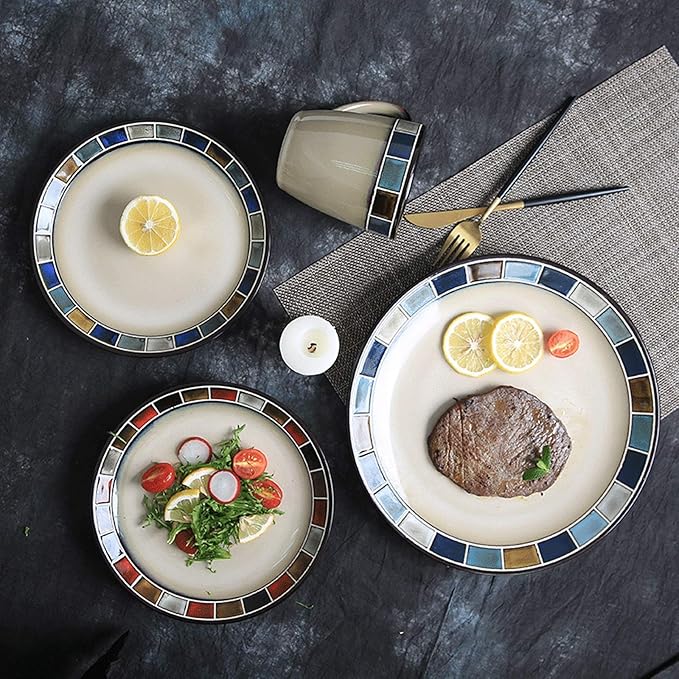 Dinner Plate Simple Kitchen Dinnerware Set Household Steak Cutlery Set Durable Ceramic Dinner Plate Sets Includes Steak Plate Salad Plate Cereal Bowl and Mug Plate