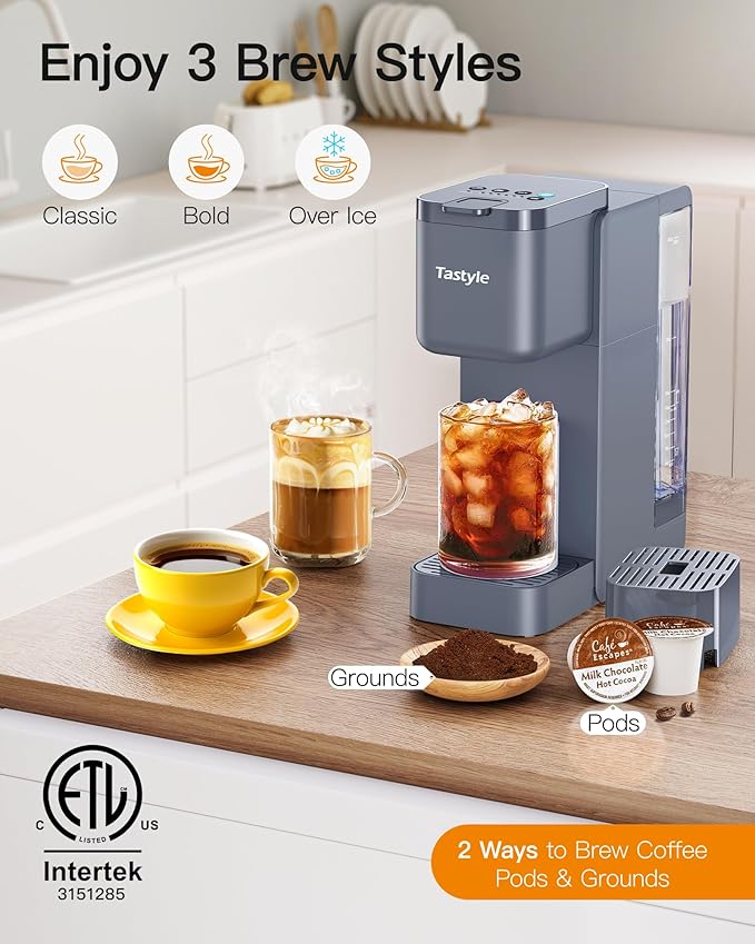 Single Serve Hot &amp Iced Coffee Maker with Strong Brew 40oz Removable Reservoir 6 Brew Sizes Compatible with K Cup and Grounds Compact for Home Office RV and Dorm Gray (2.0 Version)