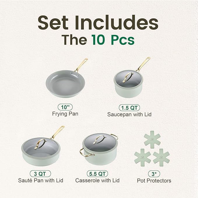 Chef Power Ceramic Cookware Sets 10Pcs Pots and Pans Set Non Stick Cookware Set with Stainless Steel Handle Dishwasher &amp Oven Safe Sage Green and Granite Grey