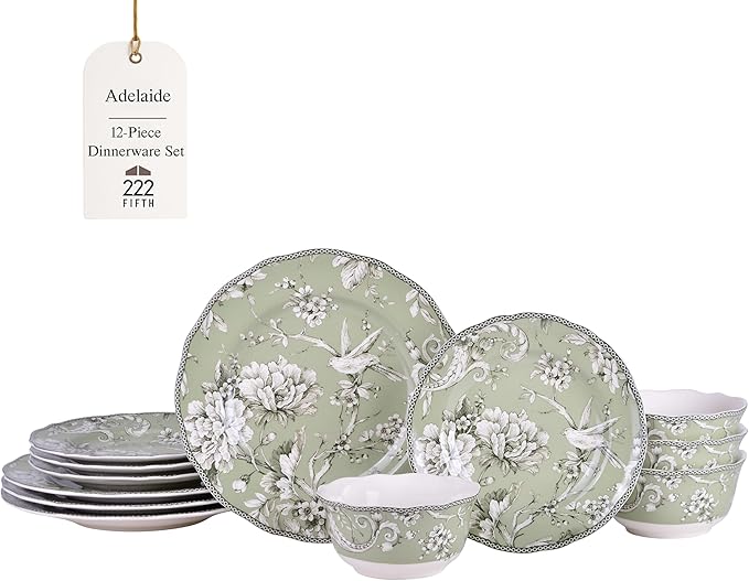 222 Fifth Adelaide Sage 12-Piece Green Porcelain Dinnerware Set – Service for 4 Big Dinner Plates and Bowls Sets Green with White Floral Pattern for Daily Entertainment Microwave &amp Dishwasher