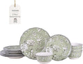 222 Fifth Adelaide Sage 12-Piece Green Porcelain Dinnerware Set – Service for 4 Big Dinner Plates and Bowls Sets Green with White Floral Pattern for Daily Entertainment Microwave &amp Dishwasher