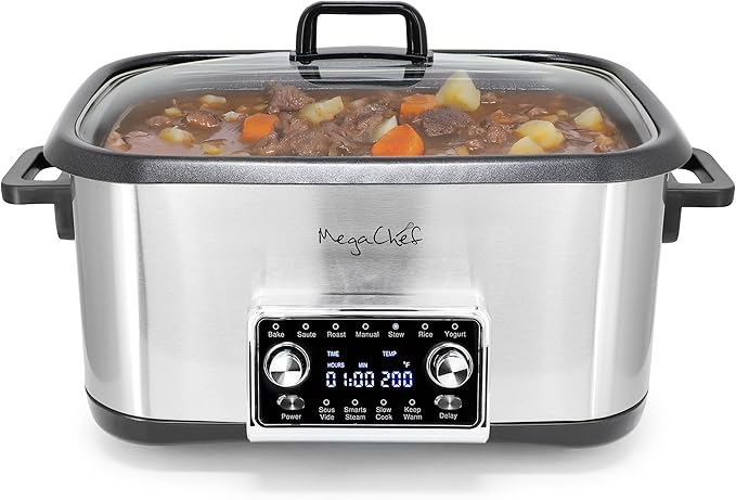 MegaChef Deluxe 8 Quart 12-in-1 Programmable Multi Cooker with Sous Vide and Multi-Functions Digital Display Adjustable Temperature &amp Time Removable Pot Tempered Glass Lid