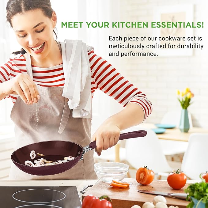 NutriChef Nonstick Cookware Excilon Home Kitchen Ware Pots &amp Pan Set with Saucepan Frying Pans Cooking Pots Lids Utensil PTFE/PFOA/PFOS free 11 Pcs Purple Diamond One size