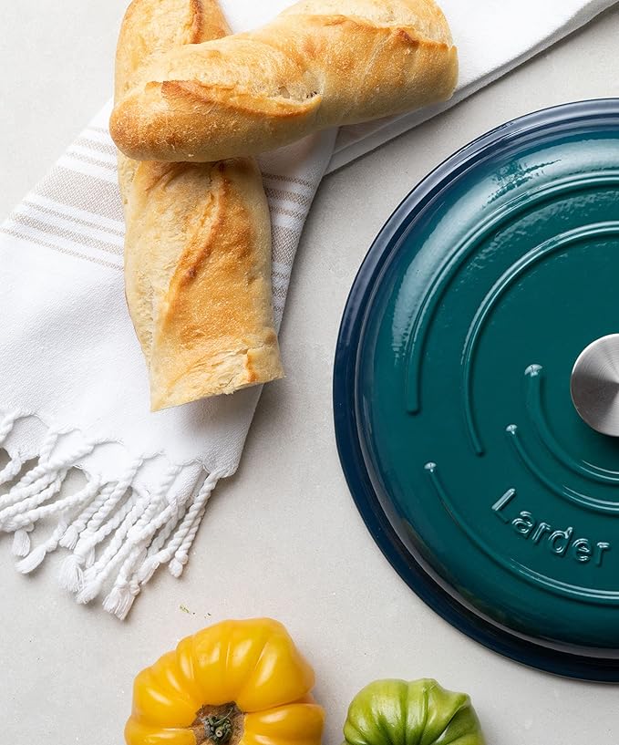 Larder &amp Vine 6-Piece Enameled Cast Iron Pan Cookware Sets Includes 8 Quart and 5.7 Quart Dutch Oven with Lids Braiser/Crock Pot with Lid (Bondi)