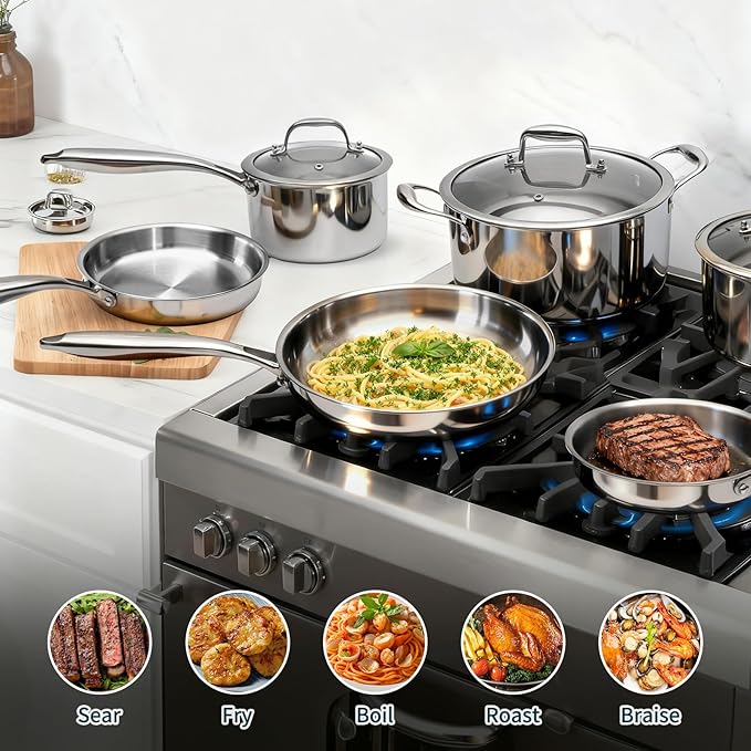 3 Ply Stainless Steel Cookware Set AIVIKI 10-Pieces Pots and Pans Set Induction Kitchen Cookware Set Oven Safe to 500℉ Chef Quality Cooking Set w/Fry Pans Saucepans Dutch Oven Kitchen Essential