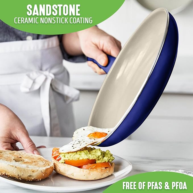 GreenLife Sandstone Healthy Ceramic Nonstick 15 Piece Kitchen Cookware Pots and Frying Sauce Pans Set PFAS- Free Dishwasher Safe Blue