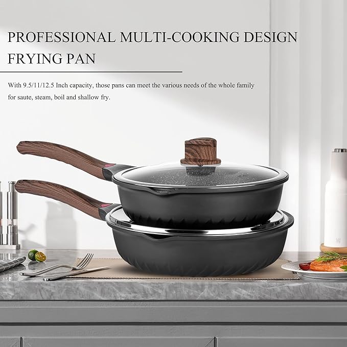 Vinchef Pots and Pans Set 12pcs Nonstick Induction Kitchen Cookware Sets with Stay-Cool Handles Frying Pans and Saute Pan with Lid Silicone Cooking Utensil Sets and Pot Protectors PFAS PFOA Free