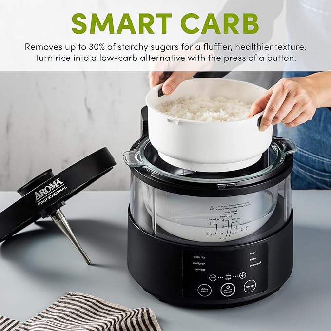 Aroma Housewares Professional 8-Cup (Cooked) SmartCarb Multicooker and Flavor-Lock Food Steamer for Low-Carb Rice and Grains Glass Inner Pot Black (AMC-800) Transparent Glass 4 Cup Uncooked Rice