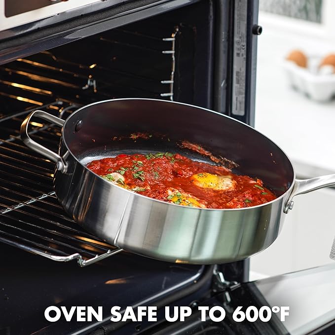 GreenPan TriClad Tri-Ply Stainless Steel Healthy Ceramic Nonstick 10 Piece Cookware Pots and Pans Set Frypan Saucepan Saute Pan CasseroleLids Induction Suitable PFAS-Free Dishwasher and Oven Safe
