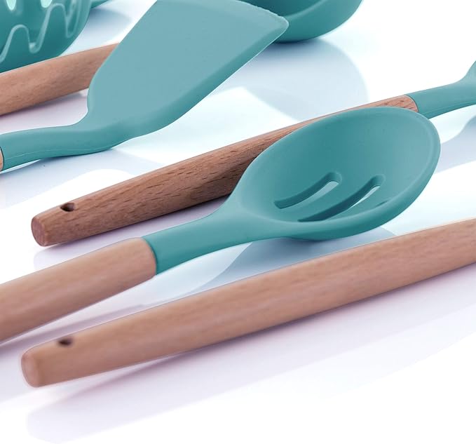 Megachef Tool Cookware Utensil Set with Ceramic Holder 9 Piece Light Teal and Wood Texture