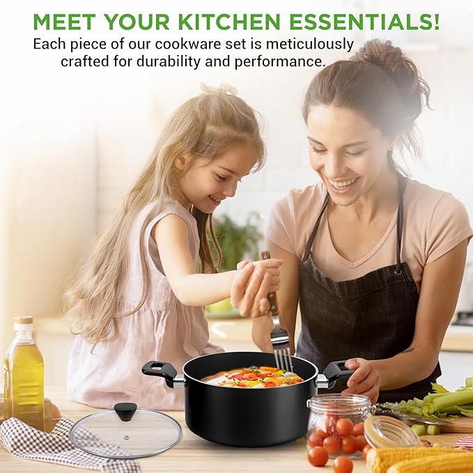 NutriChef 13-Piece Nonstick Cookware - Heat Resistant Kitchen Ware Set w/Saucepan Frying Pans Cooking Pots Casserole Lids Ladle Fork Strainer - NCCWA13 Black