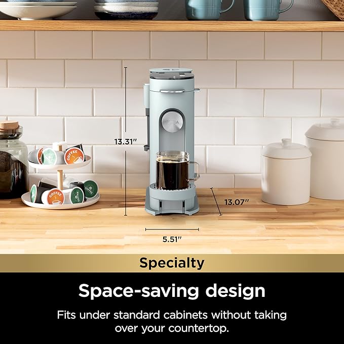 Ninja Pods &amp Grounds Specialty Single-Serve Coffee Maker Compatible with K-Cups Built-In Milk Frother 6-oz. Cup to 24-oz. Travel Mug Sizes Iced Coffee Maker Glacier Blue PB051GB (Renewed)