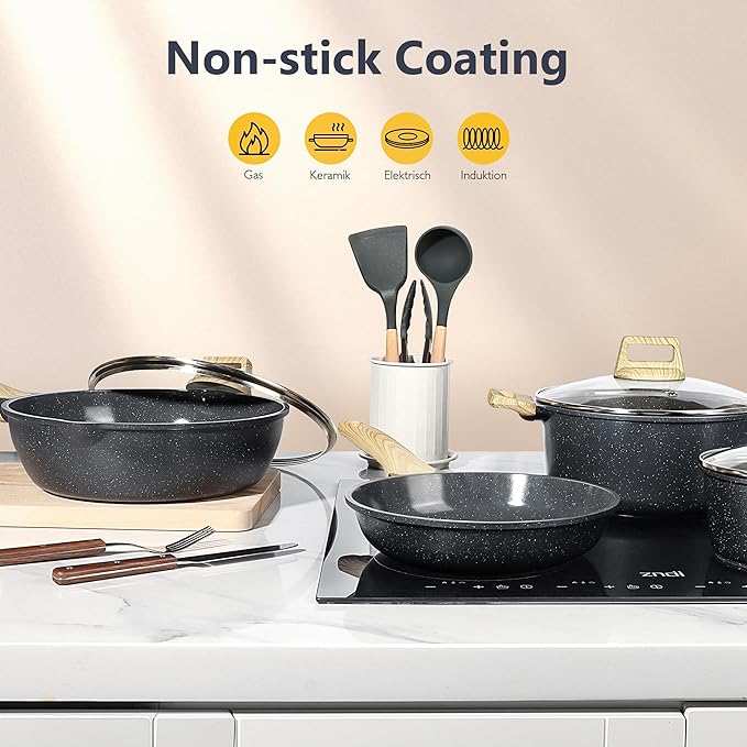 GiPP Pots and Pans Set Non Stick - 10 Piece Gray Granite Kitchen Cookware Sets Nonstick Induction Cookware Non-Toxic Cooking Pan Set with Silicone Utensils PFOS and PFOA Free