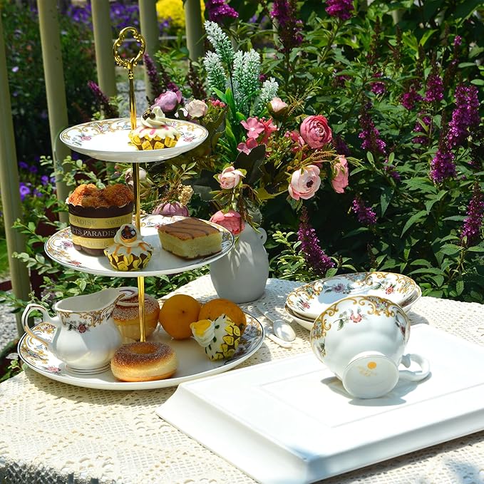 ACMLIFE Bone China Dinnerware Set and 3-Tier Serving Stand Porcelain Cupcake Stand 3-Tier Tray Stand