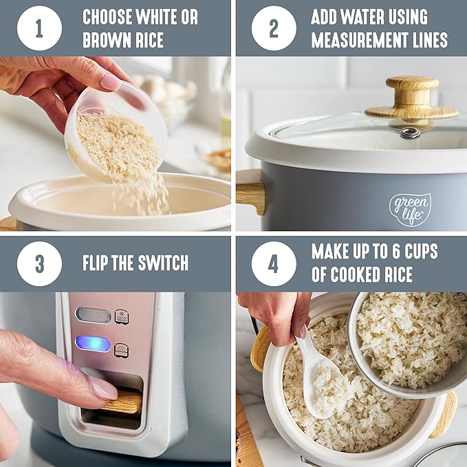 GreenLife Rice Cooker with Removable PFAS-Free Ceramic Nonstick Pot 3-Cups Uncooked/6-Cups Cooked Grains &amp Oatmeal Multicooker Compact One-Switch Design Auto Keep Warm Easy Clean Gray