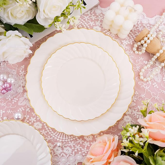 U-QE 100 Piece Ivory Scalloped Plastic Plates for Party with Gold Rim - Plastic Party Plates Disposable Heavy Duty - High End Disposable Plates Include 50pcs Dinner Plates 9&amp50pcs Dessert Plates