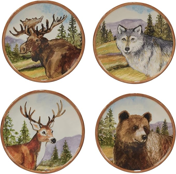 Mountain 16pc Dinnerware Set Service for 4 Brown Green Multi Color Animal Country Round Ceramic 16 Piece Dishwasher Safe Microwave