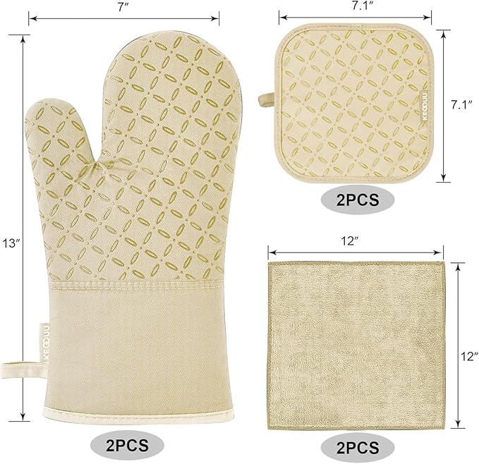 KEGOUU Oven Mitts and Pot Holders 6pcs Set Kitchen Oven Glove High Heat Resistant 500 Degree Extra Long Oven Mitts and Potholder with Non-Slip Silicone Surface for Cooking (Beige)