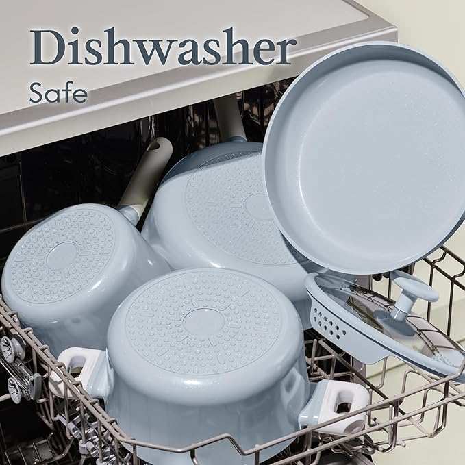 CAROTE Ceramic Cookware Set Nonstick 9pcs Pots and Pans Set Non stick Non-Toxic &amp PFAS-FreeDishwasher RV/Camping Cookware SetSauce Pan with Lid Blue