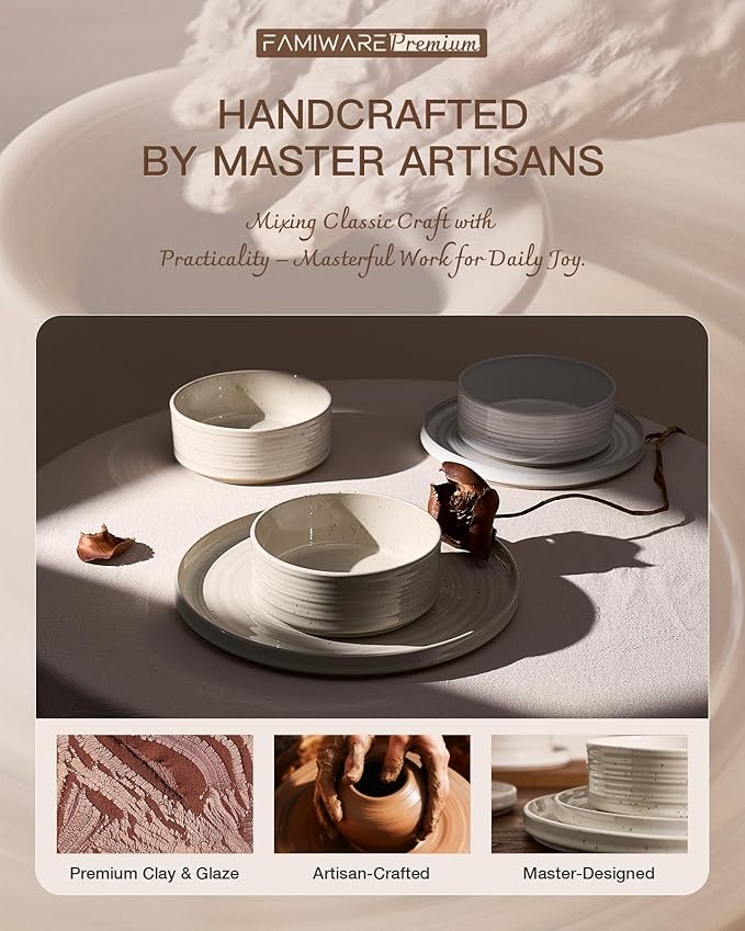 Stoneware Dinnerware Sets Plate and Bowl Sets for 4 12 Pieces Spiral Straight Dishware with Speckles and Reactive Glaze Microwave Dishwasher Safe Family Tableware Shell Beige