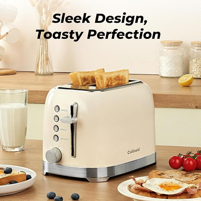 Toaster 2 Slice Retro Stainless Steel with 1.5” Extra Wide Slots Bagel Defrost Reheat Cancel Functions 6 Bread Shade Settings Removable Crumb Tray Cream White