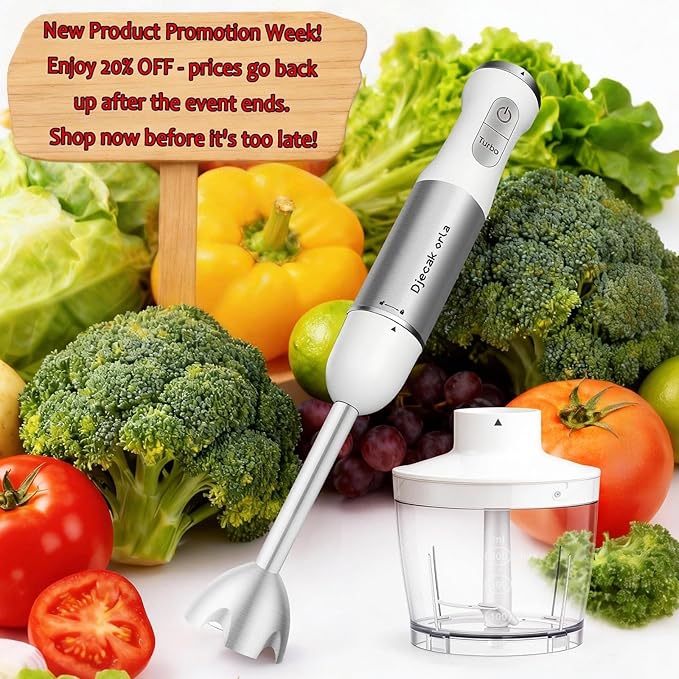 Upgraded Blender Handheld 1100W 20 Speed Settings Max 15500 RPM 5 in 1 Hand Blender with Milk Frother Handheld Food Processor Batidora De Mano Electrica Kitchen Appliances White