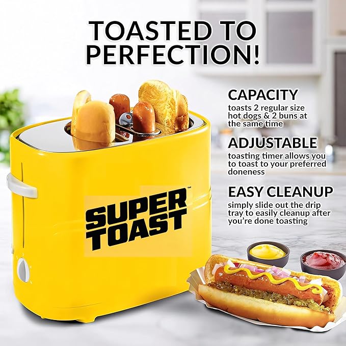 Hot Dog Toaster:Hot Dog Toaster and Bun Toaster 2 Slice Wide Slot with Grill TimerStainless Steel Sausages Bacon and Bread Slices