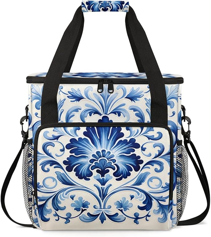 Floral Blue White Coffee Maker Travel Bag for Keurig K-Mini/K-Mini Plus Insulated Waterproof Tote with Pockets for K-Cup Portable Single-Serve Brewer Case
