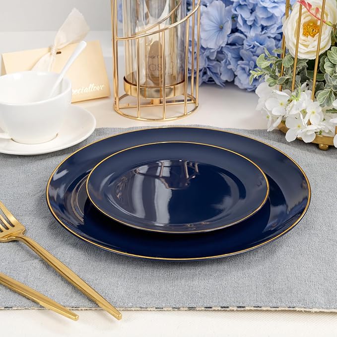 bUCLA 150PCS Blue and Gold Plastic Plates - 25 Guests Navy Blue Plastic Dinnerware Disposable for Party and Passover - Include 25 Dinner/Dessert Plates 25 Knives 25 Forks 25 Spoons 25 Cups