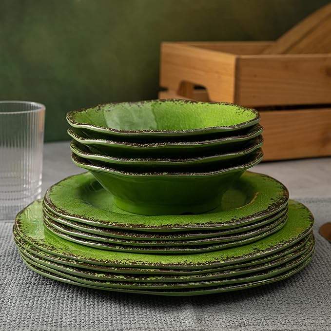 LEHAHA Melamine Dinnerware Set 12-Piece Dishes Set Lightweight and BPA Free Rustic Plates and Bowls Sets Service for 4 Indoor Outdoor Use Great for Patio Camping RVs (Green)