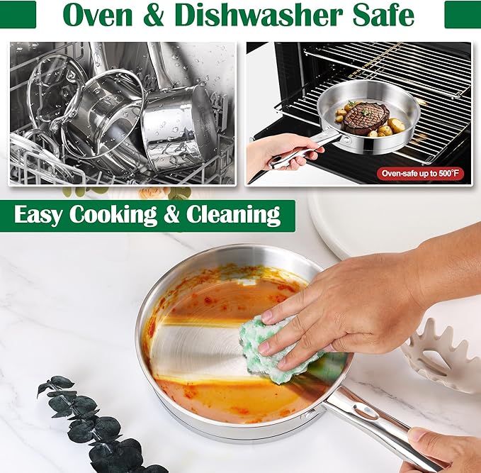 E-far 10-Piece Stainless Steel Cookware Set and Stainless Steel Baking Pan Set Bundle Induction Pots and Pans Set with Tri-Ply Base 6-Piece Metal Bakeware Sets Include Cookie Sheet Dishwasher Safe