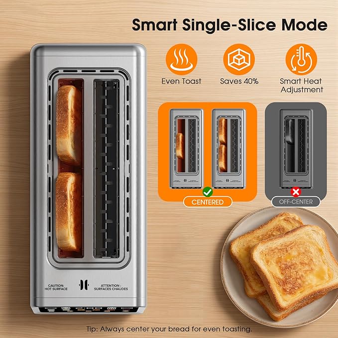 4-Slice Smart Toaster with Digital Touchscreen &amp 1-Touch Memory for Family | Stainless Steel Extra-Wide Long Slots for Bagels &amp Artisan Bread | All-in-One Defrost Reheat &amp Single-Slice M