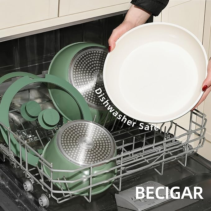 23pcs Ceramic Pots and Pans Set Nonstick Detachable Handle Cookware Induction Kitchen Cooking Set with Removable Handleinclude Frying Pans &amp Saucepans Oven Safe(Green)