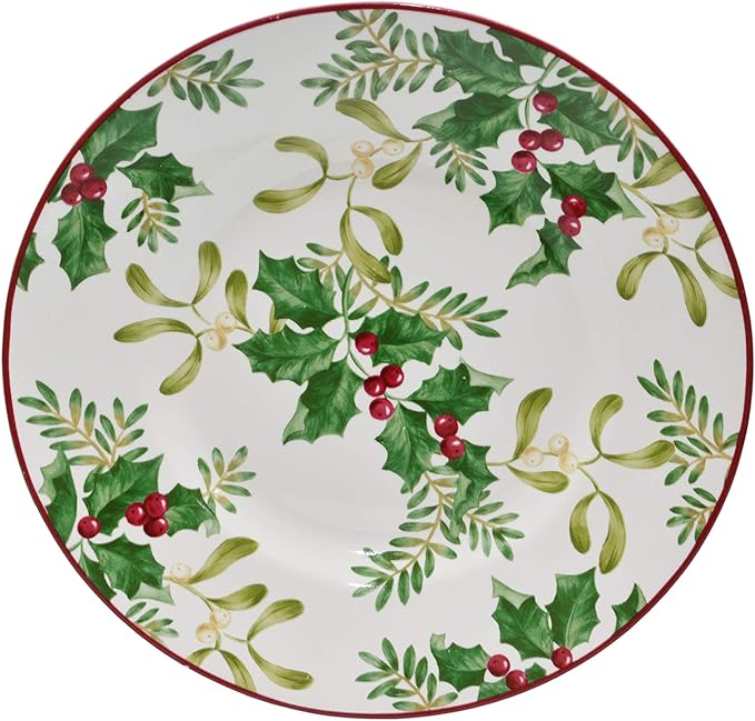 222 Fifth Christmas Foliage 12-Piece Porcelain Dinnerware Set for 4 - Glossy White Plates and Bowls Sets with Green Holly and Berry Design Durable Ceramic Dish Set for Holiday Dining Elegant Dishes