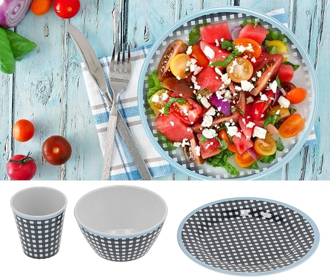 Dark Blue Grid Pattern Melamine Tableware Set Dinnerware Cutlery Salad Plate Bowl Cup Kit for Home Restaurant Scald Proof Tableware with 500ml Bowl 260ml Cup