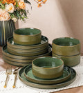 GBHOME Stoneware Dinnerware Sets for 4 12 Pieces Ceramic Ribbed Plates and Bowls Set Reactive Glaze Stackable Plate Sets Scratch Resistant Dishes Microwave &amp Dishwasher Safe Sage Green