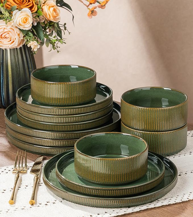 GBHOME Stoneware Dinnerware Sets for 4 12 Pieces Ceramic Ribbed Plates and Bowls Set Reactive Glaze Stackable Plate Sets Scratch Resistant Dishes Microwave &amp Dishwasher Safe Sage Green