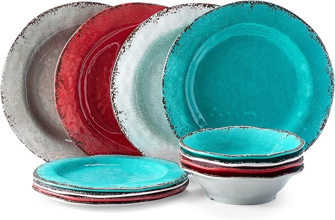 LEHAHA BPA Free Rustic Melamine Plate and Bowl Dinnerware Set Perfect for Indoor Outdoor Dining Party Camping 12 Piece Unbreakable Dinnerware Set Service for 4