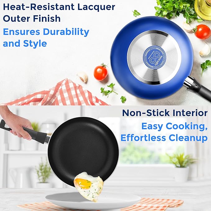 SereneLife 15-Pc Blue Nonstick Cookware Set Heat-Resistant Pots &amp Pans Set with Lids Dishwasher Safe Includes Matching Utensils