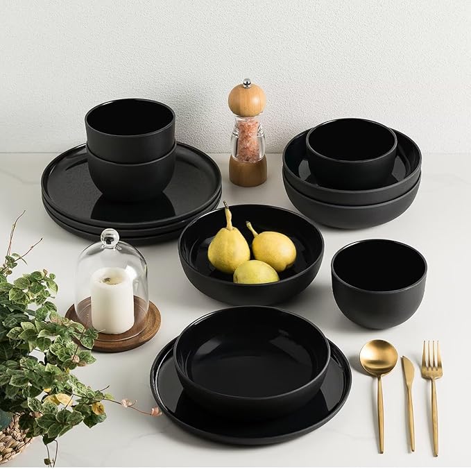 MissYIP Melamine Dinnerware Sets 12pcs Service for 4 Unbreakable Reusable Kitchen Dinnerware Set Outdoor Camping Dishes BAP free Dishwasher SafeNot oven-safe or microwavable(Black)