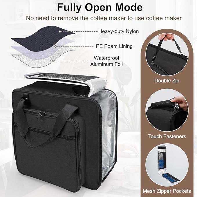 Portable Carrying Coffee Maker Travel Bag Match for Keurig K-Slim//K-Iced Plus Single Serve Coffee Machine Travel Bag with Padded Shoulder Straps Includes Multiple Storage Bags Black