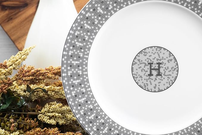 44 Piece Bone China Dinnerware - Gorgeous Set for 6 - Mosaic Design with Silver Detailing - Dining Plates Bowls Tureen and Serving Pieces - For Everyday Dishes or Formal Occasion (44 Piece Set)