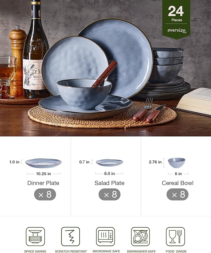 Famiware Dinnerware Sets for 8 Ocean Round 24-Piece Kitchen Plates and Bowls Sets Reactive Glaze Microwave and Dishwasher Safe Scratch Resistant Blue