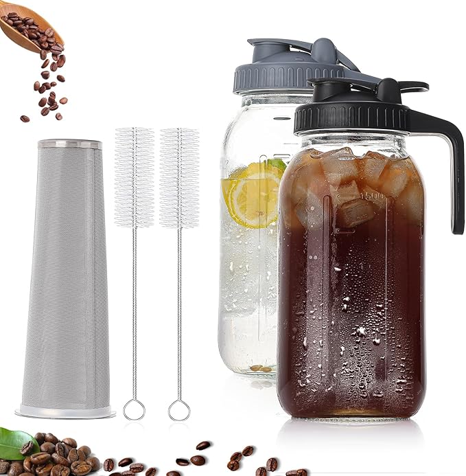 2 Quart Glass Pitcher with Lid for Fridge Cold Brew Coffee Maker 64 oz 2 Pack Airtight Leakproof Iced Tea Pitcher with Stainless Steel Filter New Years Gifts for Friends (Black &amp Gray)